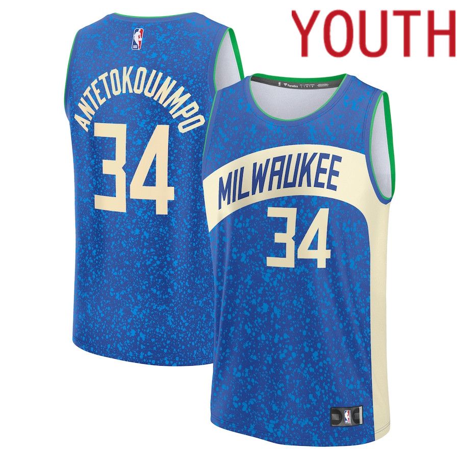 Youth Milwaukee Bucks 34 Giannis Antetokounmpo Fanatics Branded Royal City Edition 2023-24 Fast Break NBA Jersey